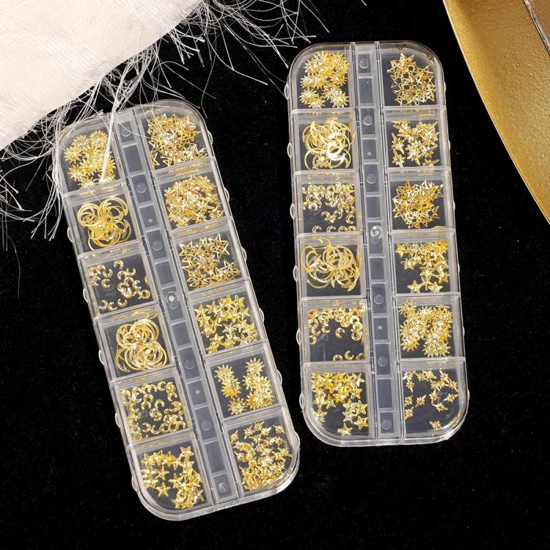 Description Picture 6 of itemHeallor Gold Star Moon Nail Charms 12Grids Metal Slice Rivet Nail Rhinestones DIY 3D Flatback Nail Art Decorations Manicure Acce