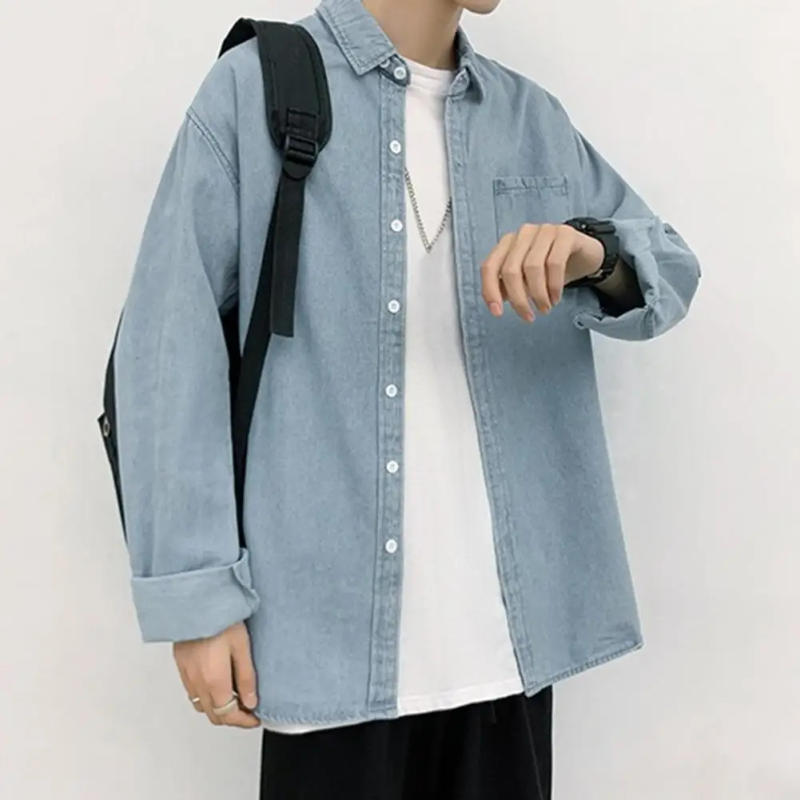 Description Picture 5 of itemMen Spring Top Men Denim Shirt Stylish Men's Denim Jacket with Turn-down Collar Chest Pocket Casual Spring Summer for School