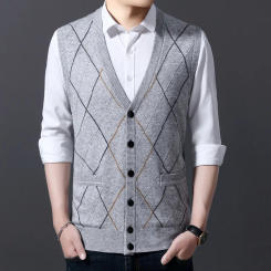 Man Single Breasted Sleeveless Sweater Cardigan Striped Men Wool Knit Coat Vest
