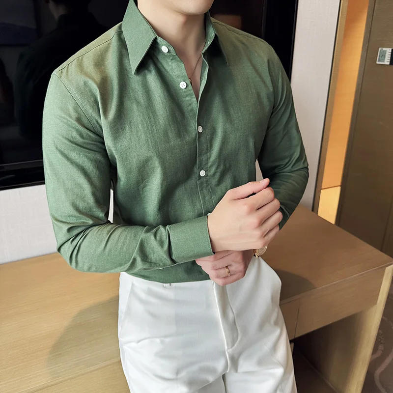 Description Picture 4 of itemCotton Linen Casual Shirts For Men Korean Luxury Long Sleeve Mens Slim Fit Business Clothing Solid Turn Down Collar Dress Tops