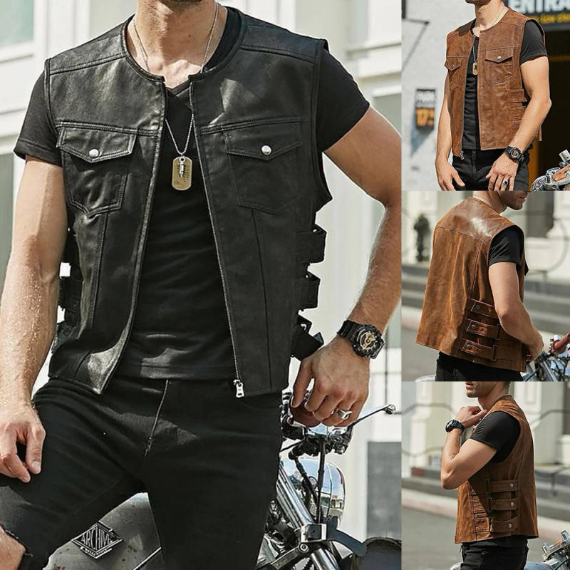 Description Picture 2 of itemFashionable Biker Faux Leather Waistcoat for Men  Motorcycle Black Club Vest with Multiple Pockets  Sleeveless Style