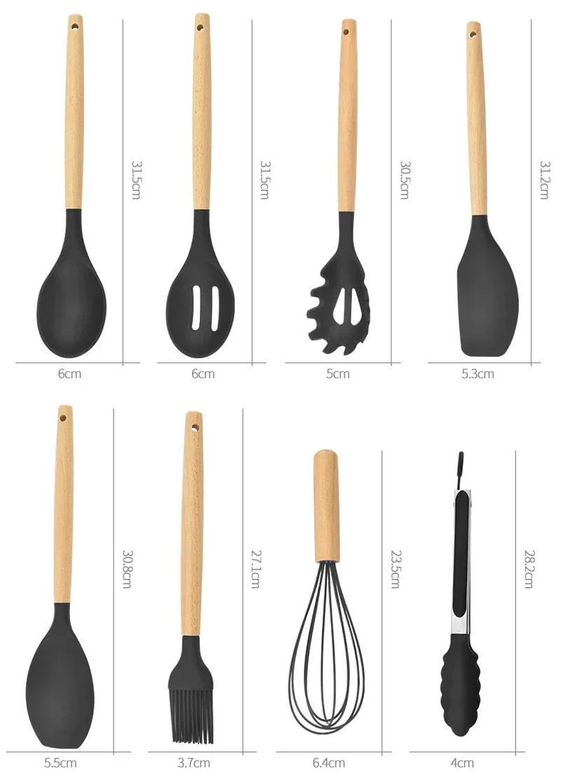 Description Picture 5 of item12PCS Silicone Kitchenware Non-Stick Cookware Kitchen Utensils Set Spatula Shovel Egg Beaters Wooden Handle Cooking Tool Set