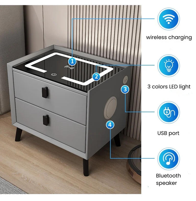 Description Picture 4 of itemModern Style Intelligent Bedside Table 2 Drawers Faux Leather Nightstands with Wireless Charging Bluetooth Speaker Side Cabinet