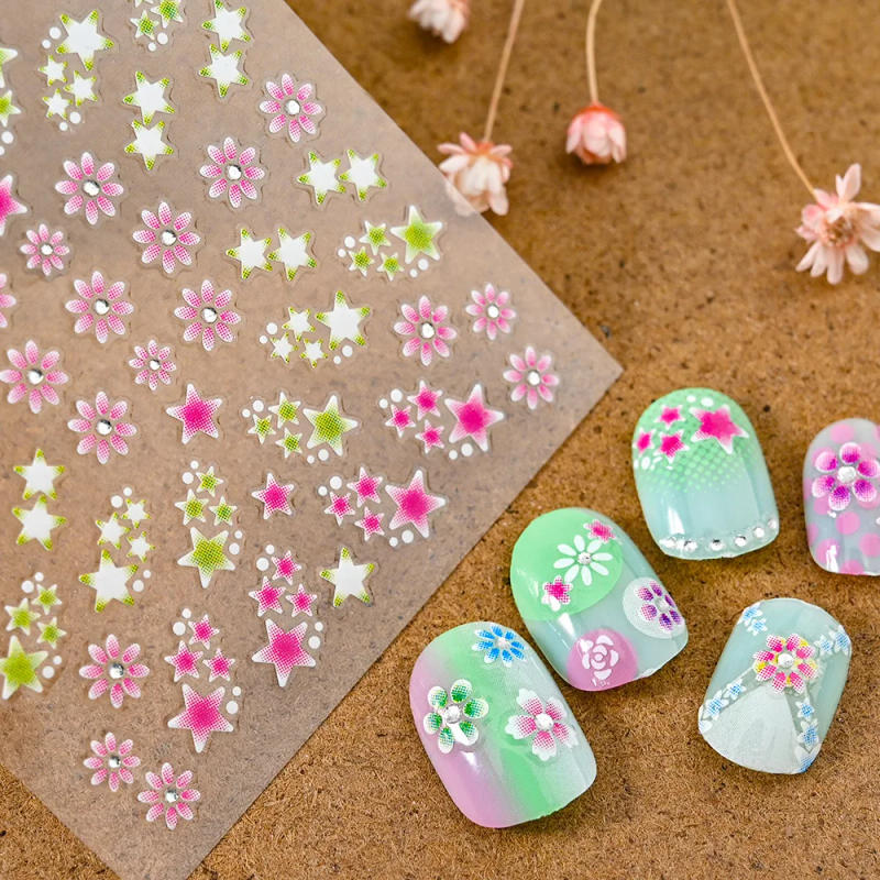 Description Picture 6 of item24 Pcs Colorful Flower Nail Stickers Set Small Sakura Daisy Cute Flowers Decals 3D Self Adhesive Sliders Manicure Decoration