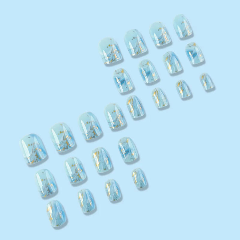 Description Picture 6 of item24pcs/set short Square fake nails Fashion geometric Blue Ocean Wave aurora glitter flowers cat eyes press on false nail art kit