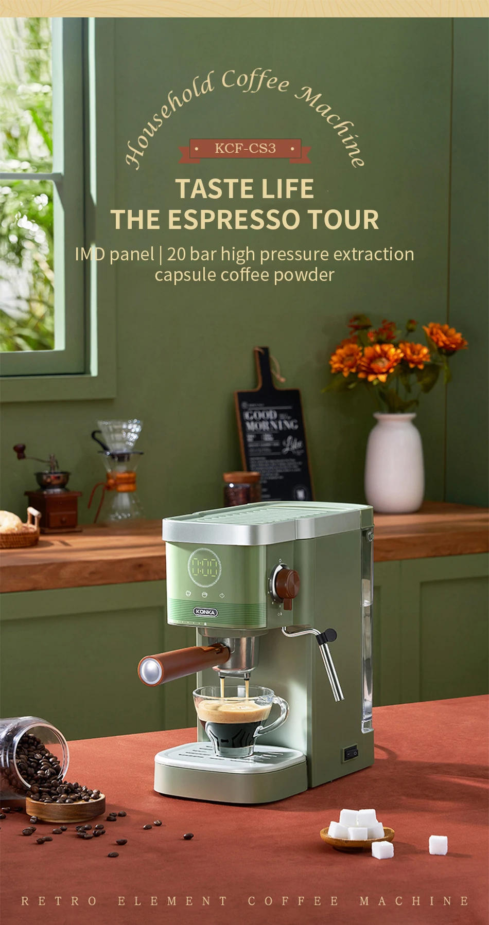 Description Picture 4 of item2024 New Konka Italian coffee machine semi-automatic home commercial capsule coffee machine extracts steam to whip milk