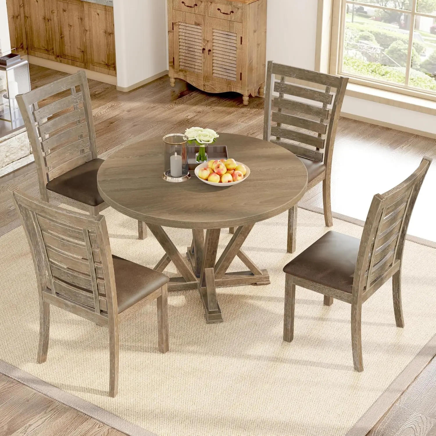 Description Picture 4 of itemDining Tables, 5 Piece Round Farmhouse Dinings Table Set, Rustic Solid Wood Kitchen Dinings Room Table, Dining Tables