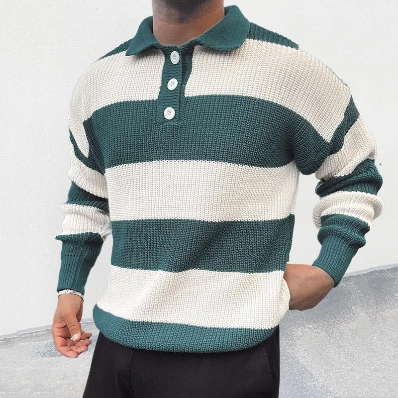 Description Picture 4 of item2023 New Men's Knitwear Polo Collar Long Sleeve Color Matching Pullover Casual Everyday Fashion All-Matching