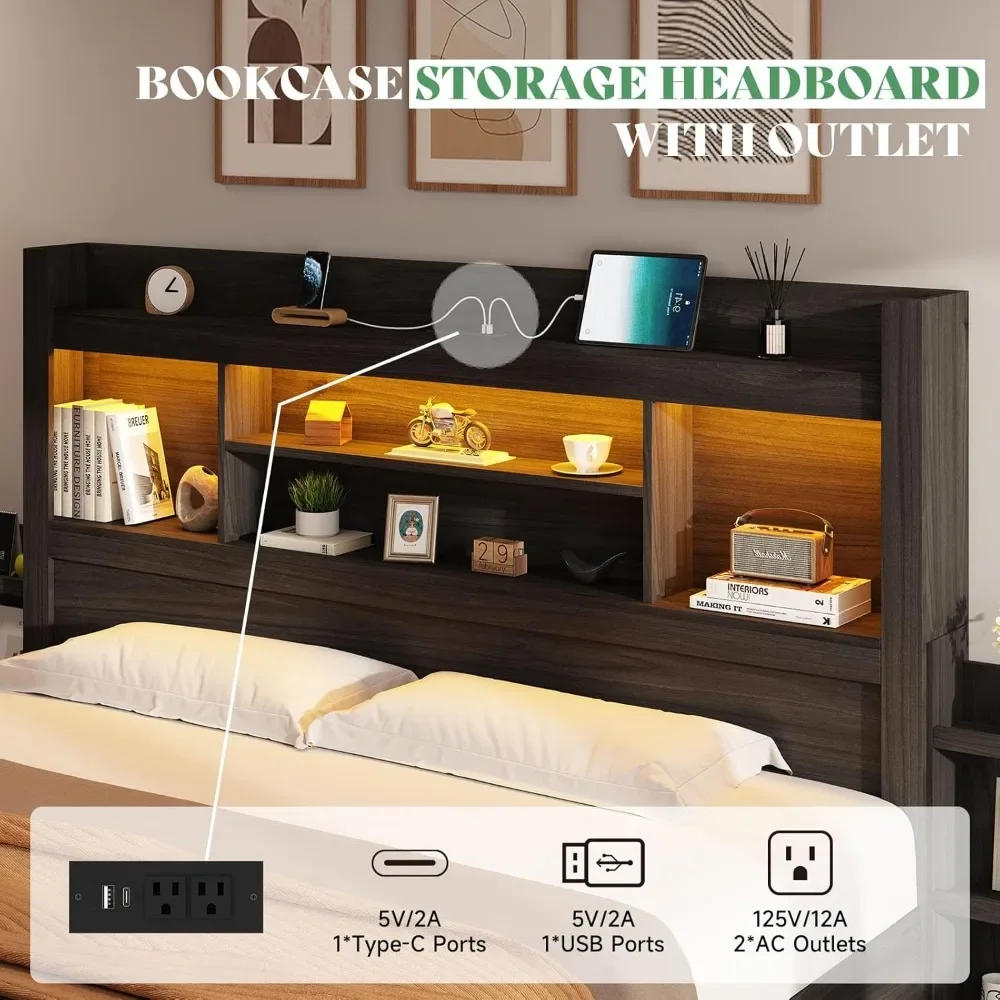 Description Picture 5 of itemKing Size Bed Frame with 4 Storage Drawers, LED Bed Frame with 49.6" Tall Bookcase Headboard, Wood Platform Bed with Charging