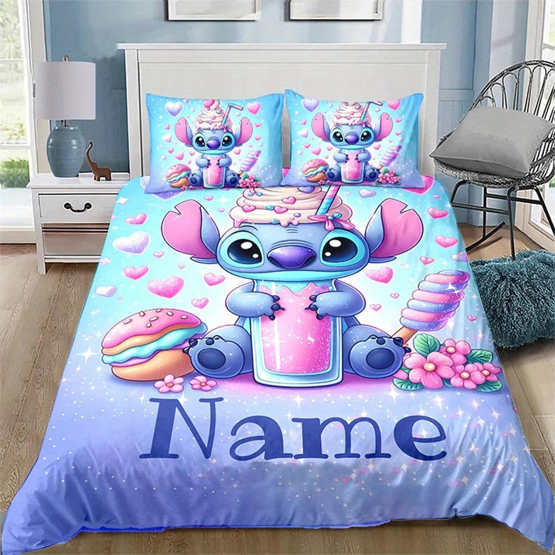 Description Picture 2 of itemCustom Name Stitch Cartoon Duvet Cover Set 1 Duvet Cover & 2 Pillowcases (No Insert) Personalized Bedding Set for Women Teens