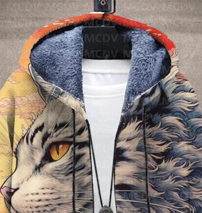 Description Picture 4 of itemMen's Retro Print Plush Thick Long-Sleeved Coat Cardigan Cat 3D Prined Fleece Hooded Overcoat Unisex Thick Warm Jacket