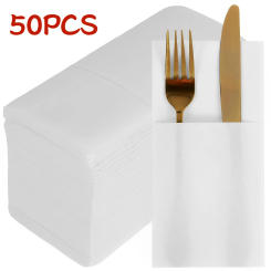 Disposable Cloth Napkins Built-in Flatware Pocket, Wedding Party Linen Feel White Napkins Prefolded for Silverware,50 Count