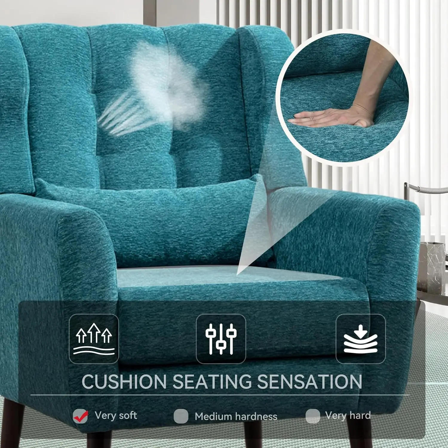 Description Picture 5 of itemAccent Chair Set of 2, Upholstered Armchair with Pillow, Fabric Single Sofa Chair with Lounge Seat and Wood Legs Accent Chair