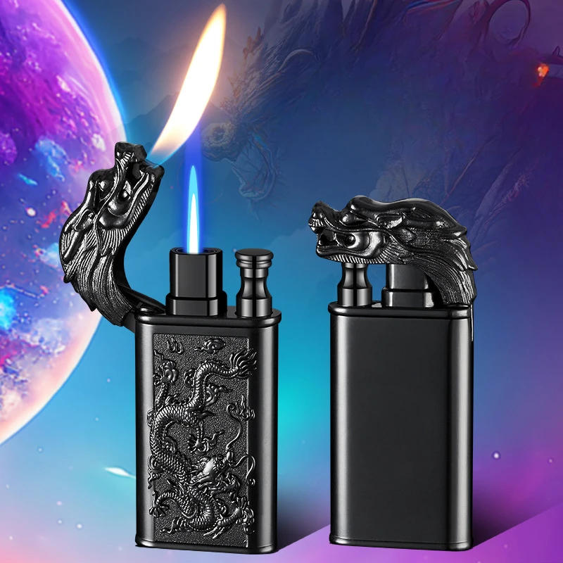 Description Picture 2 of itemCreative Embossed Shenlong Double Fire Gas Lighter Metal, Flame Spray Tool, Cigarette Lighter, Trendy and Fashionable Men,