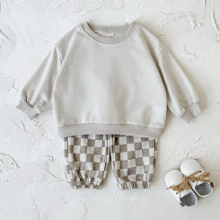 MILANCEL Toddler Casual Suit 2PCS 6M-3Y Infant Boys Solid Color Hoodie+ Chessboard Pattern Pants Loose Korean Baby Clothes Set