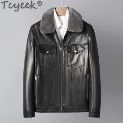 Tcyeek Genuine Leather Jacket Men Winter Jackets Real Goatskin Down Coat Detachable Mink Lapel Collar Coats Goose Down Liner
