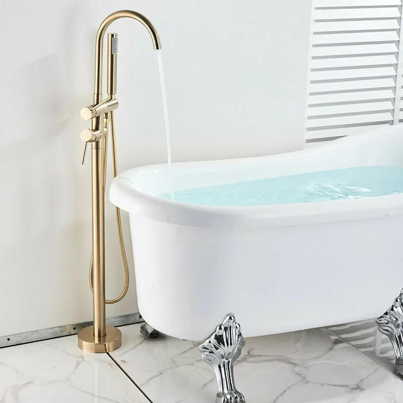 Description Picture 3 of itemBrushed Gold High Rise Round Pipe Bath Mixer Floor Mounted Bathtub Filler Shower Roman Tub Faucet Set  Stand