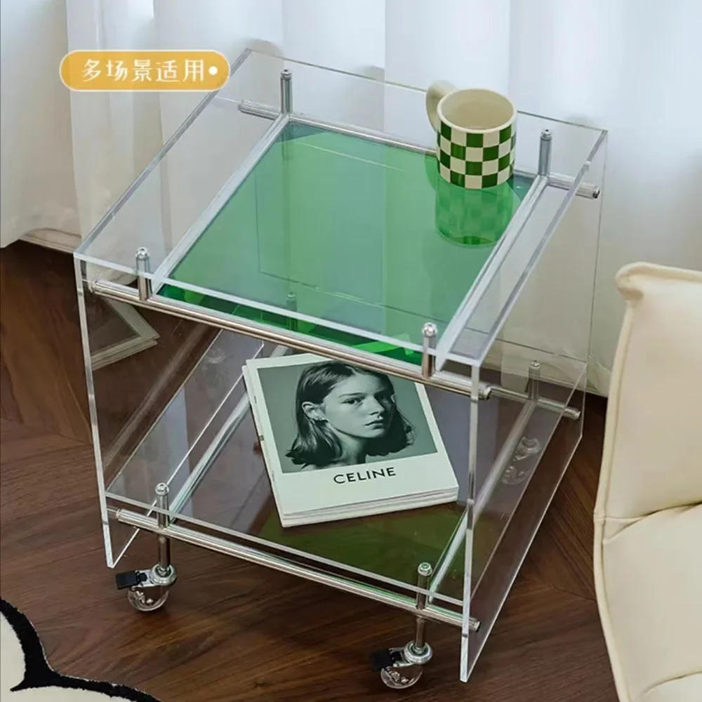 Description Picture 5 of itemIns Style Coffee Table Acrylic Tea Table for Living Room Glass Side Table Storage Cabinet Trolley with Wheels Home Furniture