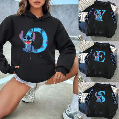 2025 Women's Winter Jacket Cute Kawaii Disney Lilo & Stitch Lucky Letter Print Black Hoodie Fashion Couple Streetwear Sportswear