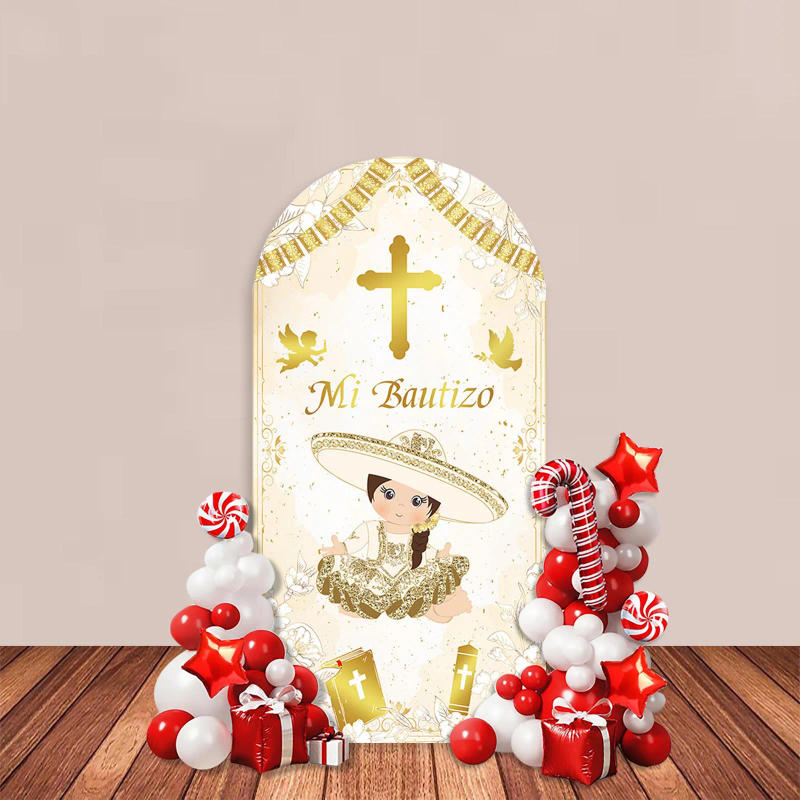 Description Picture 4 of itemMi Bautizo Arch Backdrop Cover Gold Cross Flower Horse Mexican Charro Baby Baptism First Holy Communion Party Decor Background