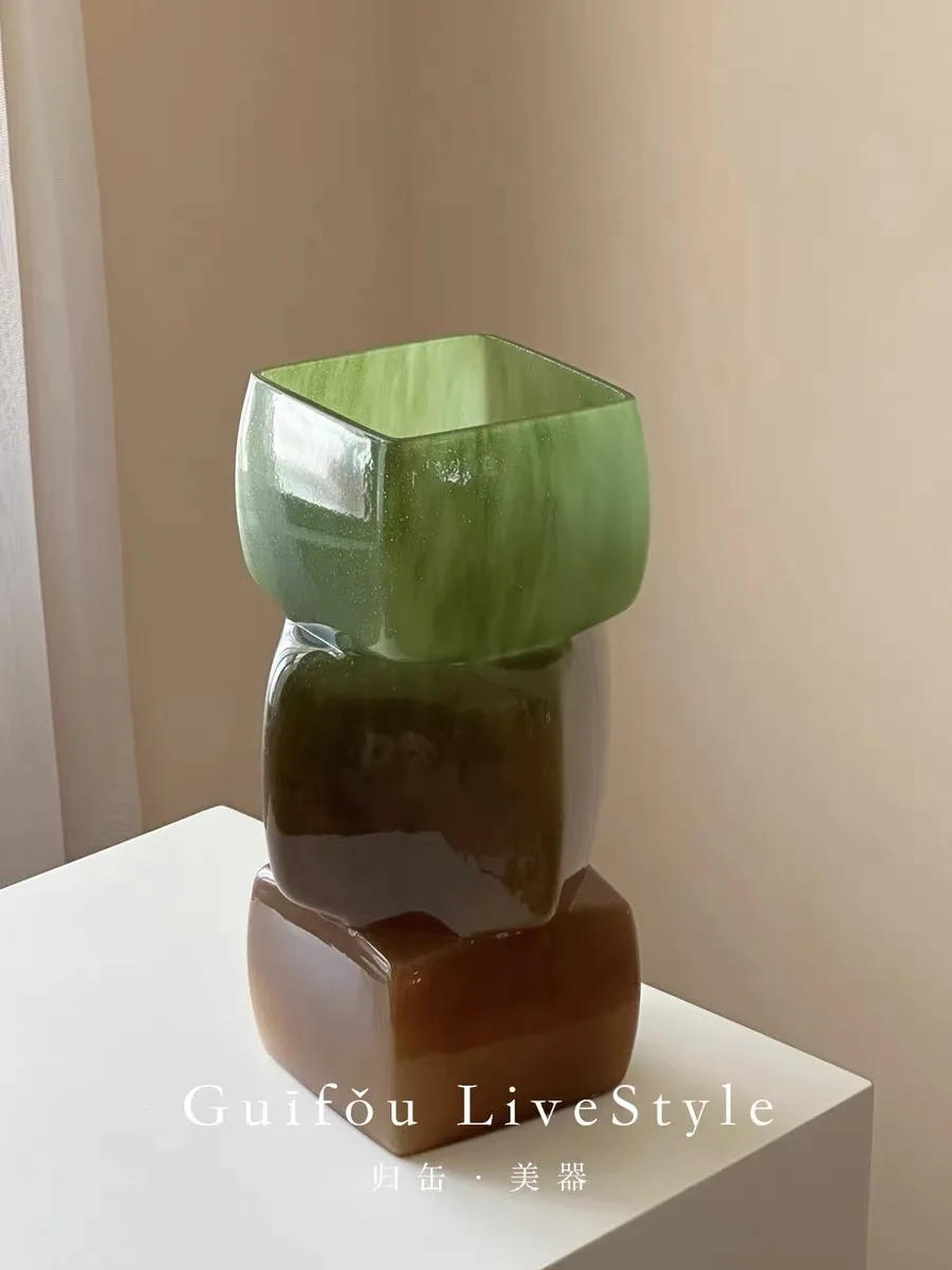 Description Picture 3 of itemGlass Vase Geometric Square Stacking Marbling Gradient Flower Vase Floral Arrangement Accessories Terrarium Flower Pot