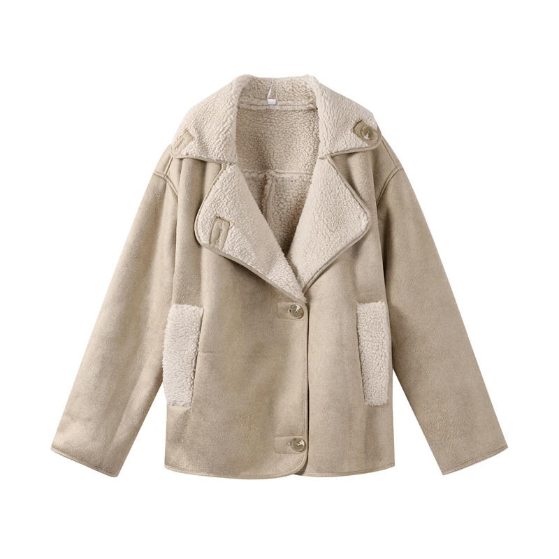 Description Picture 5 of itemVintage Women's Leather Jacket Loose Lapel Single Breasted Long Sleeve Fleece Jacket 2025 Spring Thick Warm Street Lady Outwears