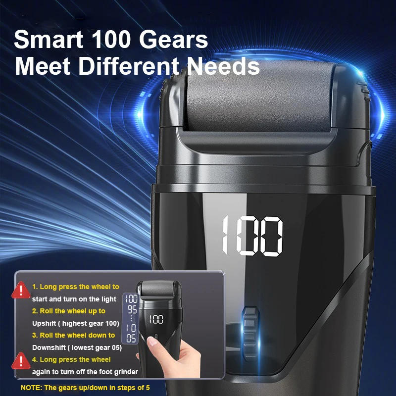 Description Picture 4 of item2025 NEW Electric Foot File Grinder 100 Gear 3 Rollers Type-C Rechargeable Pedicure Tool Heel Dead Skin Exfoliate Callus Remover