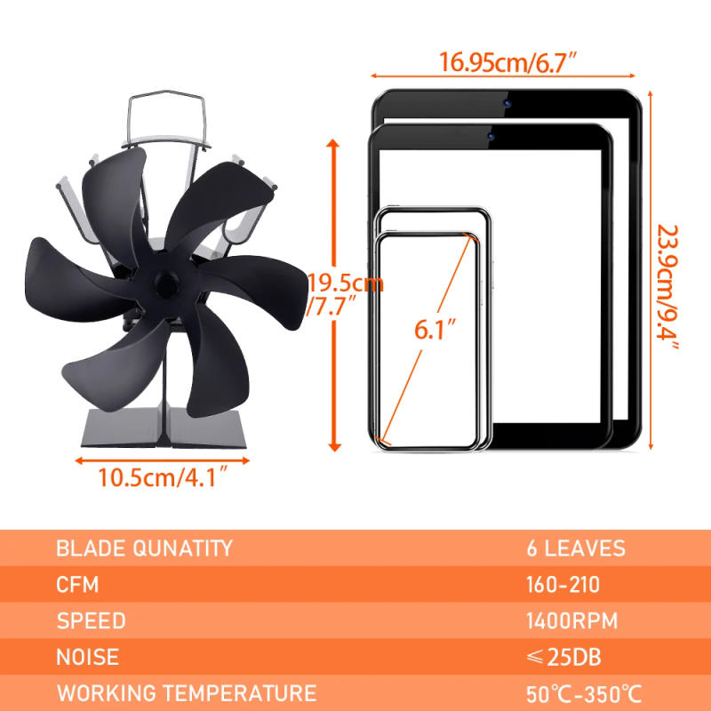 Description Picture 5 of item6 Blades Heat Powered Stove Fan Black Fireplace Fan Log Wood Burner Eco-fan Quiet Heater Home Efficient Heat Distribution