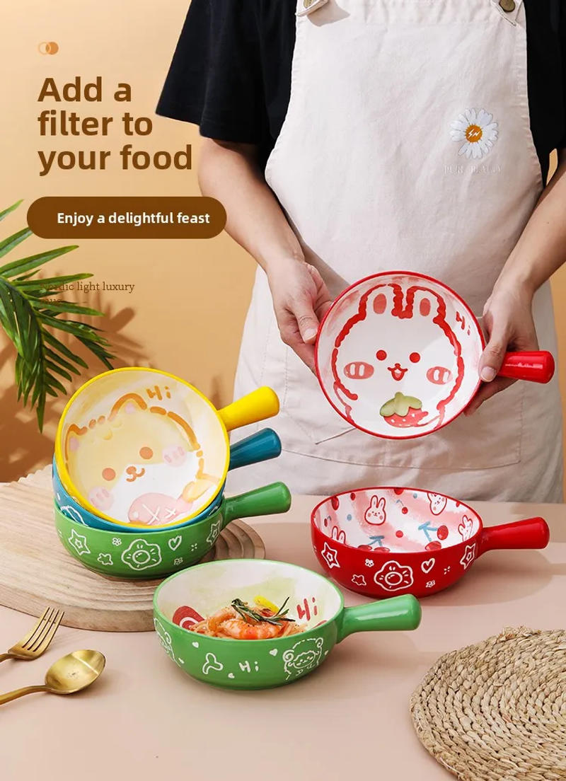 Description Picture 2 of itemCerc Soup Bowl with Handle for Oven Use Fruit Salad Bowl Single Handle Instant Noodles Bowl Cartoon Design Student Dormi