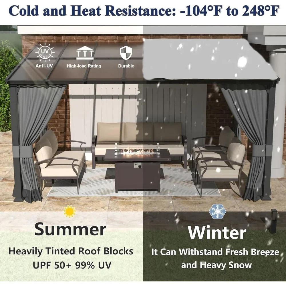 Description Picture 4 of item10 x 14 FT Outdoor Gazebo, Hardtop Wall Mounted Gazebos with Sloping Sun Panel Roof, Double Curtains, Gazebo