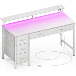 47 Inch Home Office Desk With 5 Drawers Room Desks Computer Desk With Power Outlets & LED Light Furniture White Table Pliante