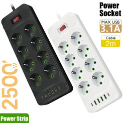 2m EU Plug AC Outlet Multitap Power Strip Extension Cord Electrical Socket with USB Type C Ports Charge Socket for Home Office