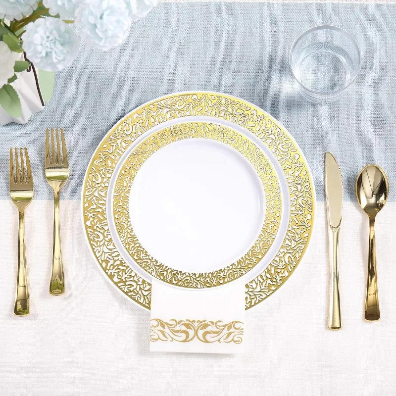Description Picture 5 of item175 Dinnerware Set for 25 Guests, Plastic Plates with Lace Rim Design, Disposable Dinner Plates, Dessert Plates, Cups,Napkins