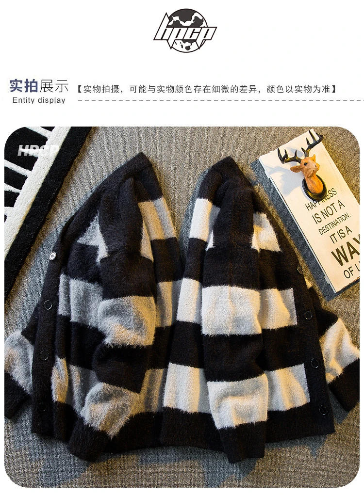 Description Picture 5 of itemWinter Black White Striped Contrast V-neck Sweater Men's Loose Casual High Street Knitted Cardigan Jackets Men Tops Male Clothes
