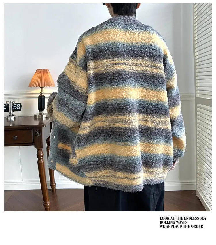 Description Picture 6 of itemHarajuku Black Color Striped Knitted Cardigan Men's Vintage Korean Style Oversized Designer Tie Dye Grandpa Sweater
