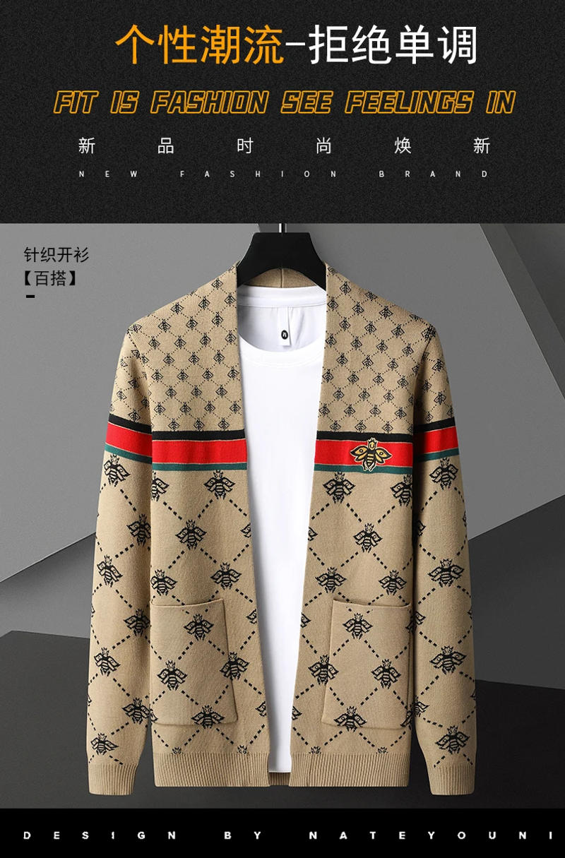 Description Picture 3 of item2023 Fall Winter Fashion Brand Sweater Men High Quality Classic Print Striped Knit Cardigan Men's Casual Jacket Soft Warm Coats