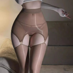8D Oil Shiny High Waist Buttocks Mini Skirt Slim Garter Belt With Glossy Transparent Thigh High Stockings Sexy Lingerie Set
