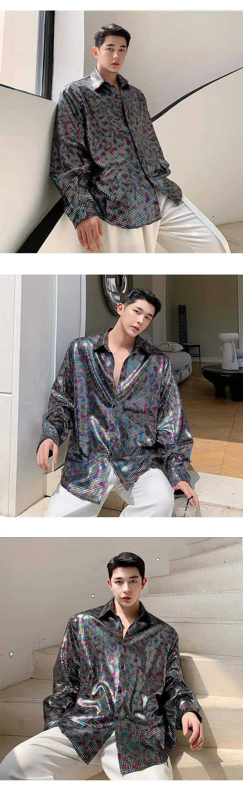 Description Picture 3 of itemSenior Bling Laser Reflect Men Blouse Sequined Night Club Singer Stage Shirts Handsome Party Streetwear Ins Vibe Disco Kpop Tops