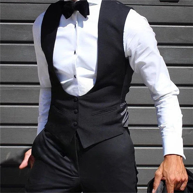 Description Picture 3 of itemBlack Men Vests Fashion Sleeveless Single Breasted Wedding Groom One Piece Elegant Basic Solid Color Slim Fit Suit Waistcoat