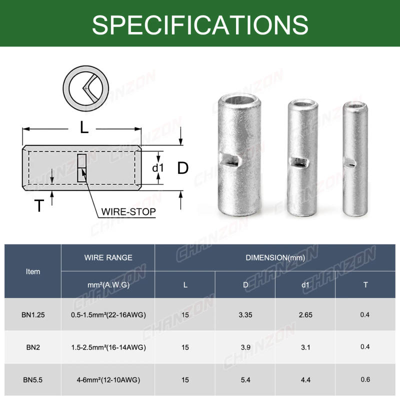 Description Picture 3 of item50PC BN1.25 BN2 BN5.5 Tinned Red Copper Non Insulated Butt Joint Wire Connector Kit Crimp Splices Cable Sleeve Terminal 22-10Awg