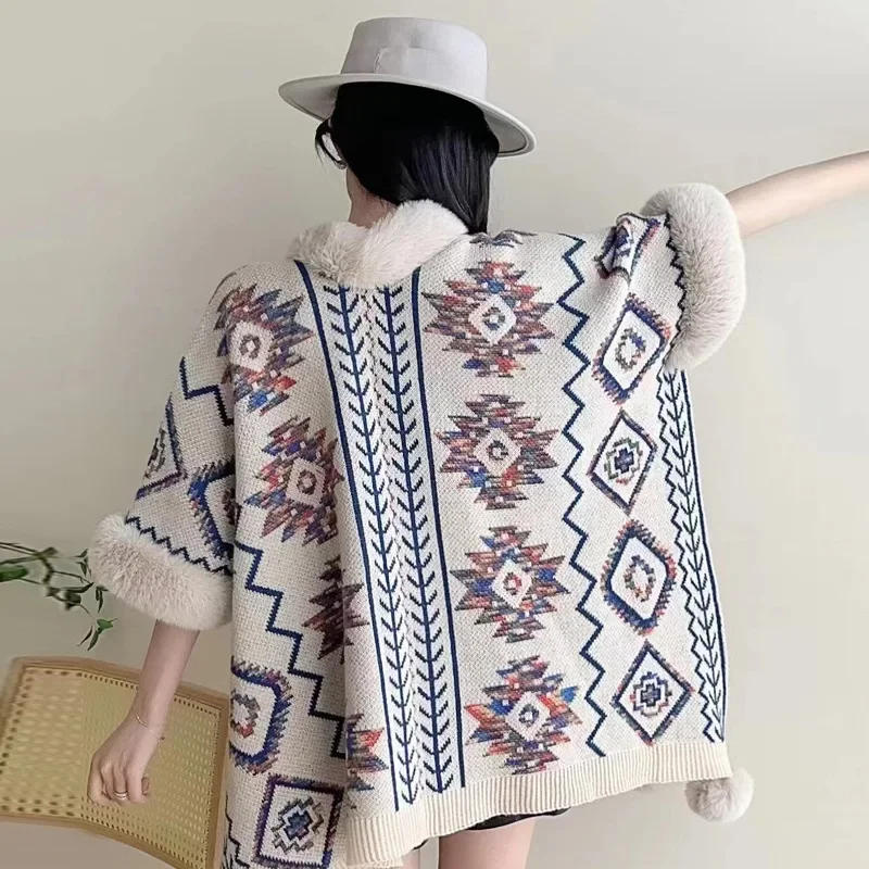 Description Picture 6 of itemWinter Women Printed Poncho Cape Thick Warm Batwing Sleeve Pompon Cloak Faux Fur Ball Streetwear Knitted Cardigan Shawl Overcoat