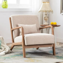 ANJHOME Mid Century Modern Accent Chair, Single Fabric Lounge Reading Armchair with Solid Wood Frame, for Living Room, Beige