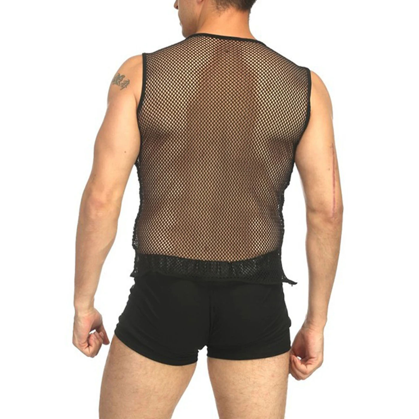 Description Picture 5 of itemMen Sexy Mesh Sheer Fishnet Tank Tops Summer Hollow Out Summer Fitness Tops Clubwear Singlet Vest Undershirt Stage Costume Wear