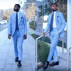 Blue Men's Suits Tailored 2 Pieces Blazer Pants Peaked Lapel Plaid Single Breasted Fashion Wedding Groom Custom Made Plus Size