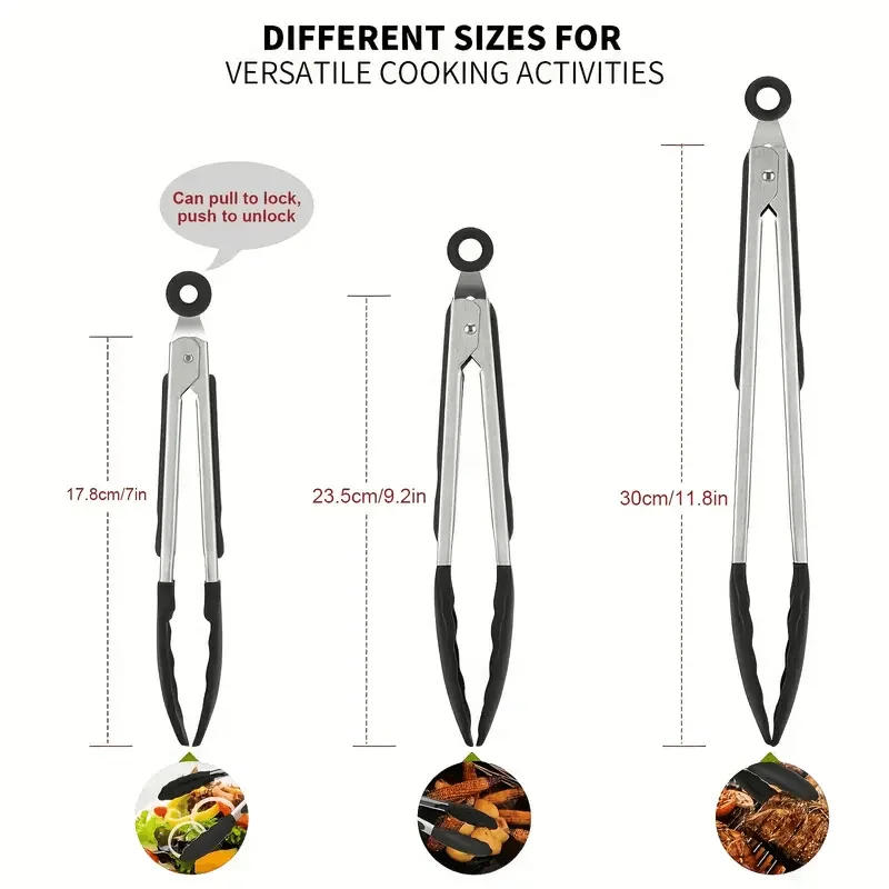 Description Picture 4 of item3 Size Available Heavy Duty Stainless Steel Kitchen Tongs with Silicone Tips High Heat Resistant Locking Design Secure Grip
