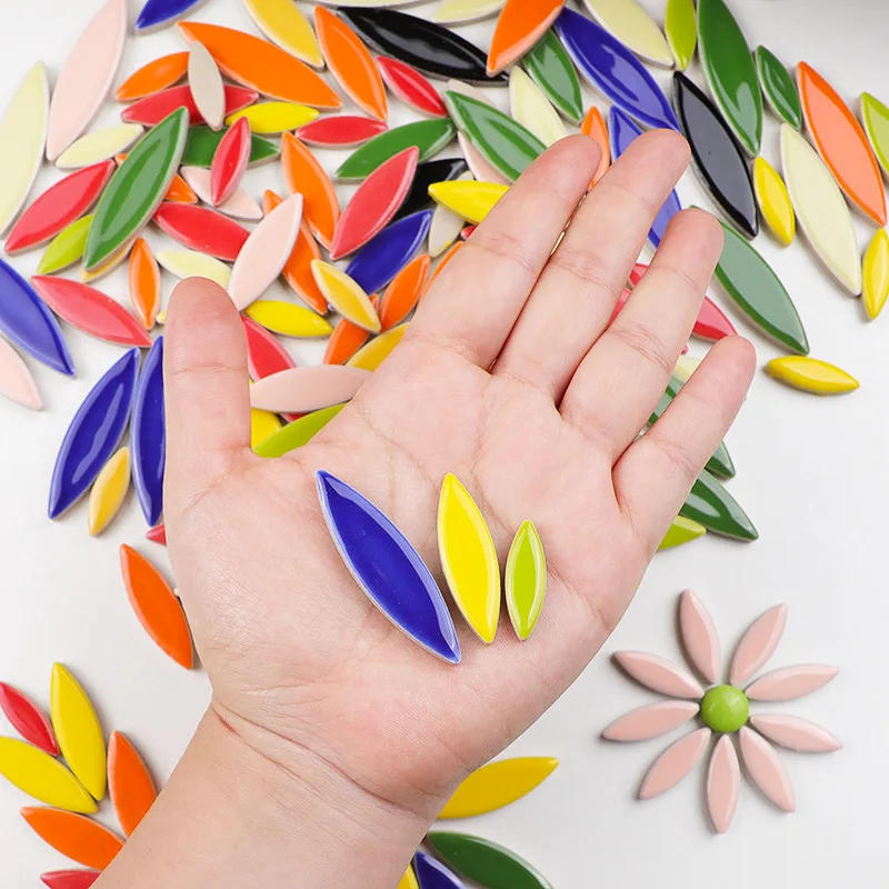 Description Picture 3 of item100g Willow Leaves Mosaic Tiles Porcelain Leaf-Shape Tile 3 Sizes Mix Multi Color DIY Mosaic Making Stones for Craft Arts Decor
