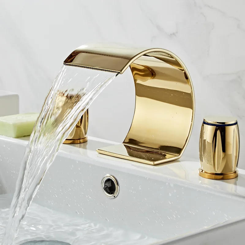 Description Picture 5 of itemBasin Total Brass Gold Deck Mounted Bathroom Sink Faucets 3 Hole Double Handle Hot And Cold Waterfall Faucet Water Tap
