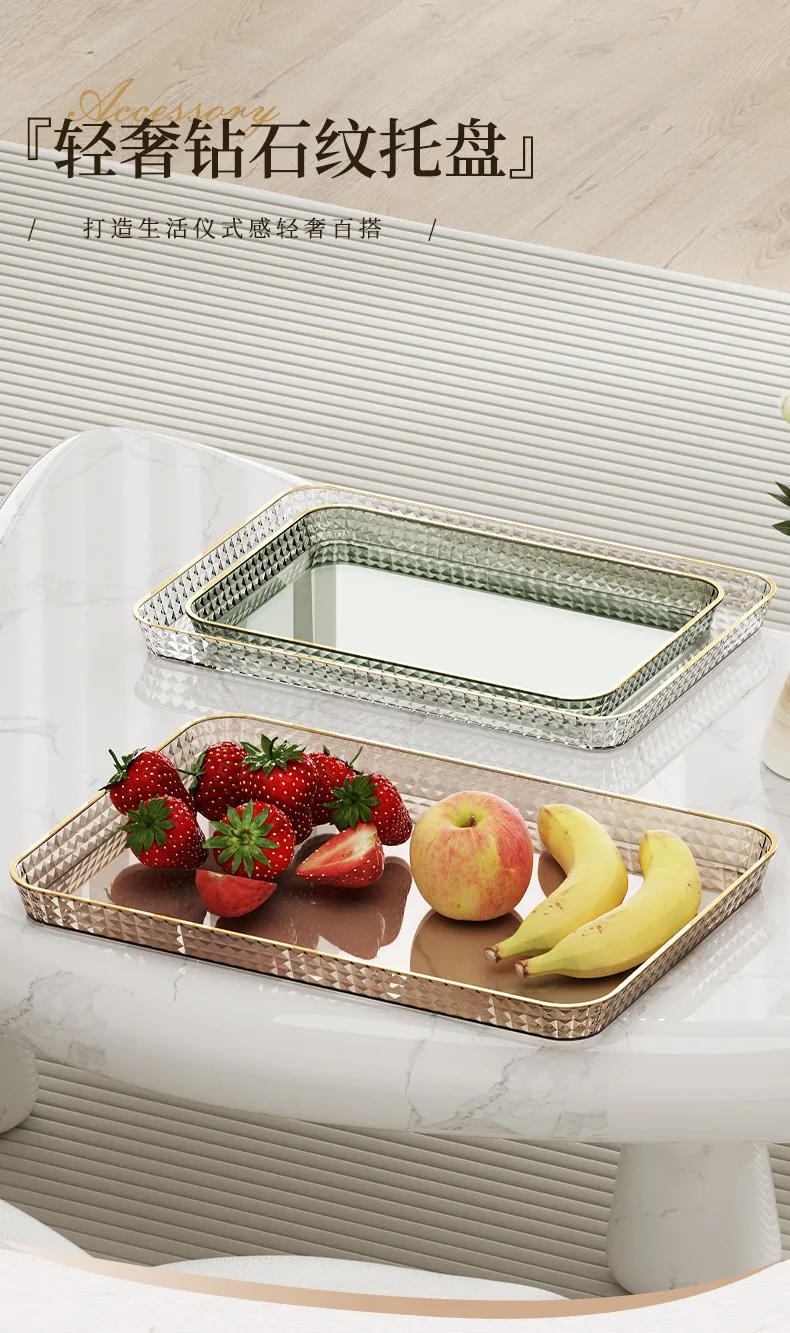 Description Picture 2 of itemNordic Light Luxury Rectangular Tray Plastic Gold Edge Transparent Tray Home Storage Teacup Organizer Dessert Fruit Plate