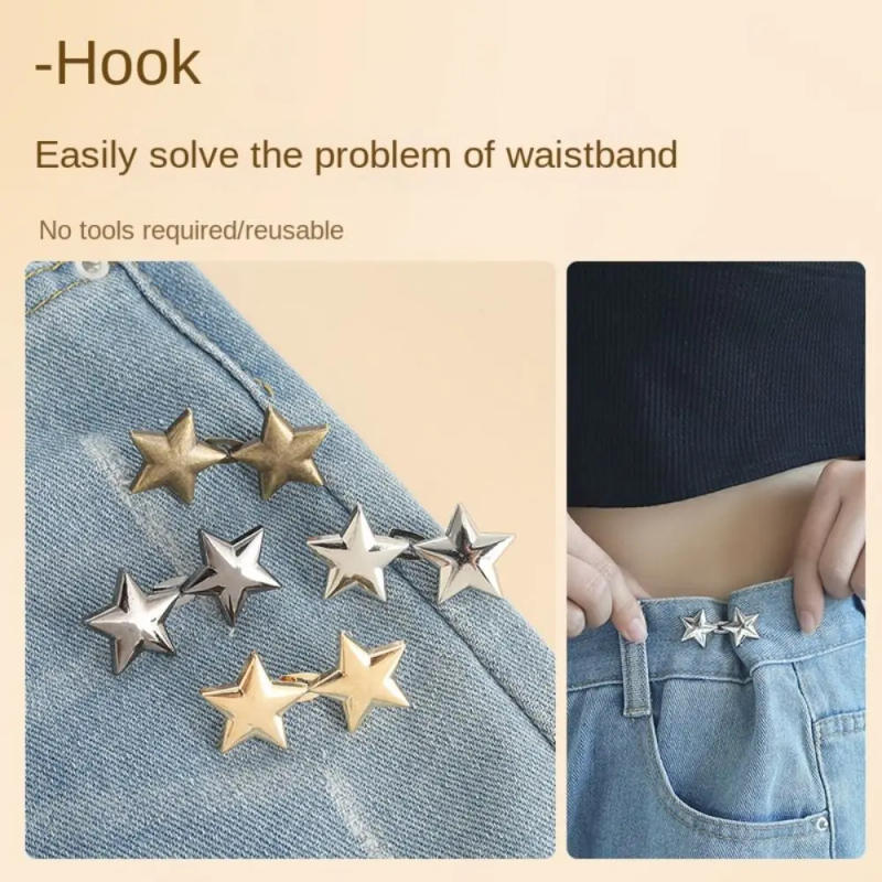 Description Picture 5 of item1Pair Star Waist Adjust Button Reusable No-Sewing Metal Jeans Buttons Retractable Button Replacement Jeans Attacher Pins