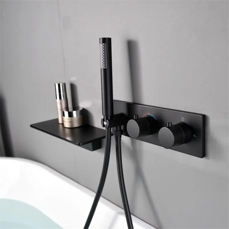 Description Picture 5 of itemBrushed Gold Thermostat Bathtub Shower Faucet Set Brass Hot & Cold Mixer Tap With Handheld In-Wall Waterfall Type Gun Gray/Black